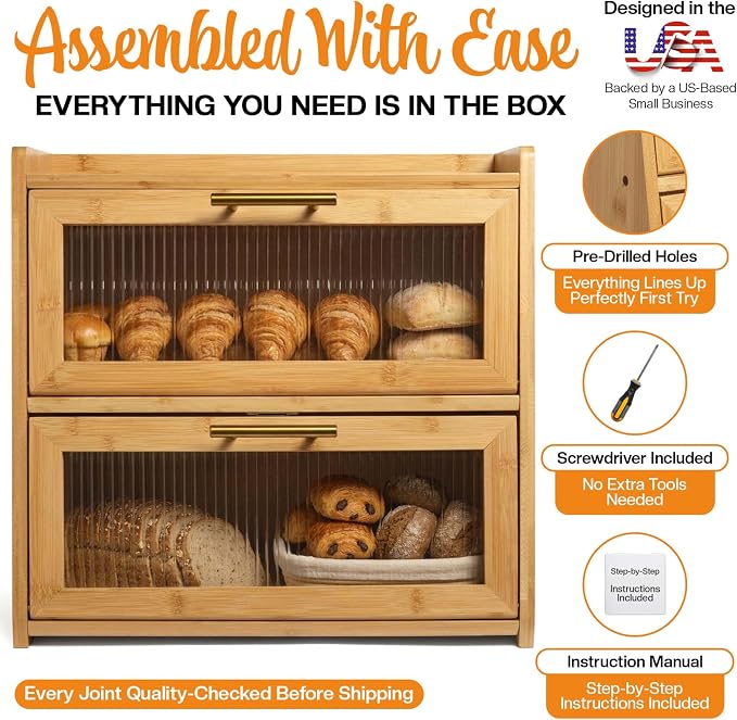 Extra Large Bamboo Bread Box for Kitchen Countertop, Double Layer Wooden Breadbox Holds Multiple Loaves of Homemade Bread, 16.5 Inch Storage Container with Frosted Acrylic Windows