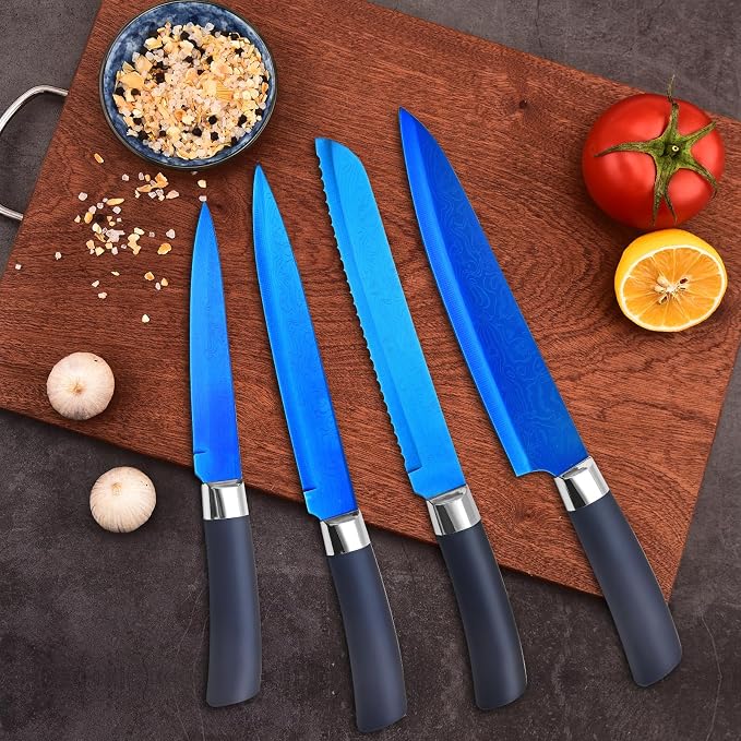 Knife Set, Kitchen Non Stick Knives Set with Block Thick Blade Cutlery Knife Block Sets with Sharpener 6pcs Steak Knife Shears Chef Sharp Quality Aluminum Alloy Block Blue Handle and Blade
