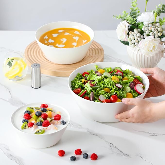 MALACASA White Serving Bowls Set of 3, Ceramic Mixing Bowl for Kitchen | 105/60/35 OZ Bowls for Family Salad, Soup, Pho and Fruit, Microwave & Dishwasher Safe, Series REGULAR