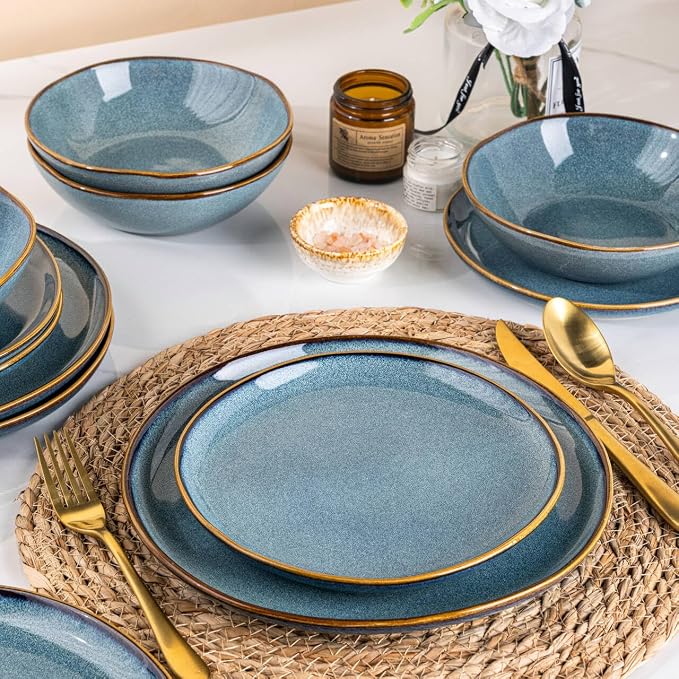AmorArc Ceramic Dinnerware Sets for 6, 18Pcs Plates and Bowls Sets Dishes | Stoneware Handmade Reactive Glaze Dinner Set, Highly Scratch Resistant | Dishwasher & Microwave Safe Dishware