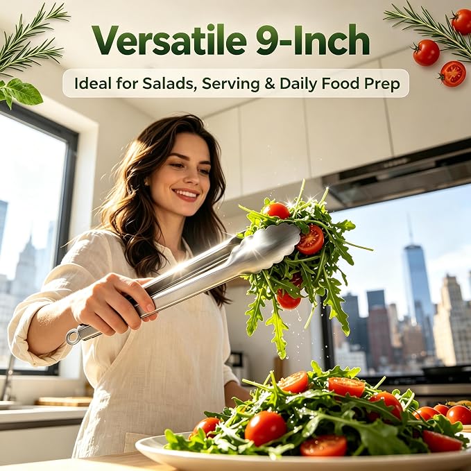 Stainless Steel Cooking Tong Set - 12" & 9" Locking Kitchen Tongs | Heat Resistant to 600 Degrees, Food Grade Kitchen Metal Tong for Food, Salad, & BBQ - Dishwasher Safe