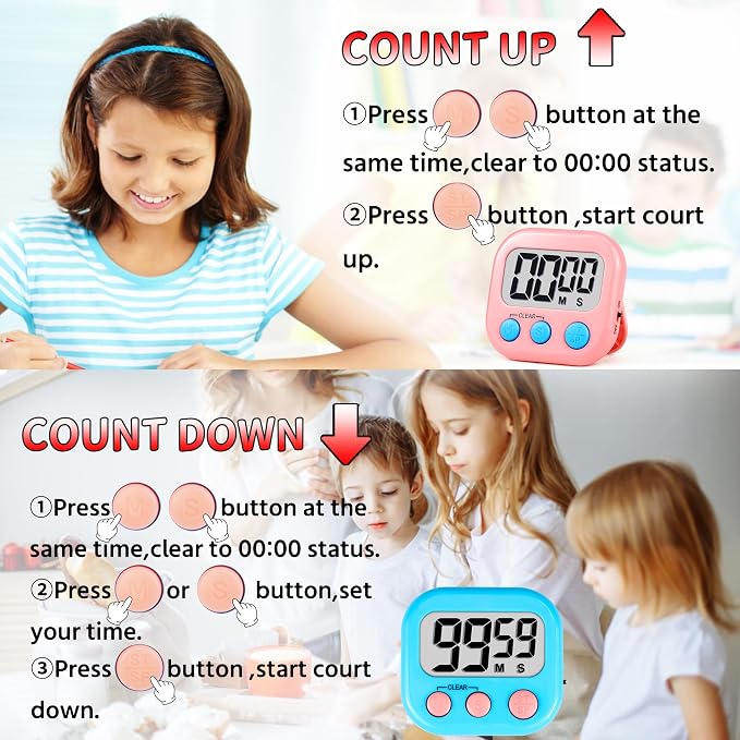 Timer for Kids Digital Kitchen Timers for Cooking- 2 Pack Blue Pink | Countdown Timer for Classroom Study Exercise Teacher Supplies, Strong Magnetic, Loud Alarm, Large Screen, Fast Reset, Memory