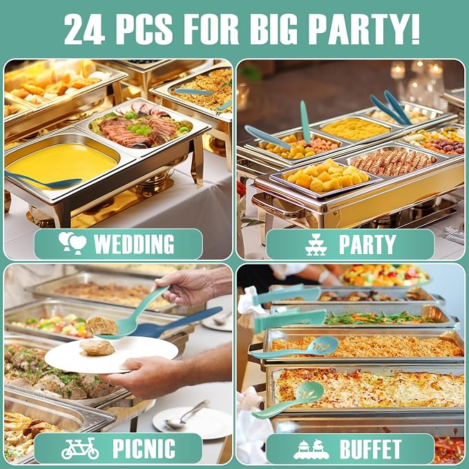 Reusable Plastic Serving Utensils Set of 24, Wheat straw Large Serving set 10" Serving Spoons/10" Slotted Spoons/9.4" Tongs, for Party Buffet Catering (Ocean, Not for Cooking)