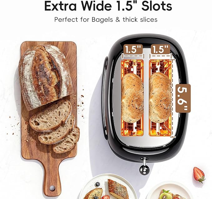 TER Touch Screen Toaster 2 Slice, 1.5" Wide Slot, Stainless Steel, Black | Smart Digital Retro Toaster for Bagel & Thick Breads, 7 Bread Modes & 7 Browning Levels, Memory Function, Defrost & Reheat