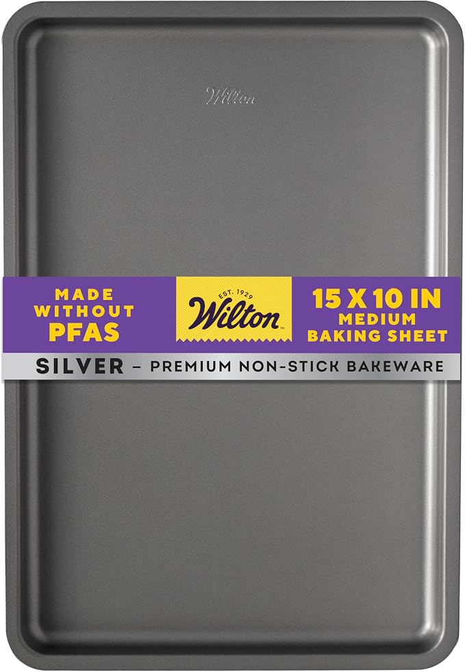 Wilton Silver Non-Stick Baking Sheet, Made Without PFAS, 15.25 x 10.25 in. | Non-Stick Steel Bakeware, Dishwasher Safe with 5-Year Limited Warranty, Perfect for Cookies, Roasting & Sheet Pan Meals