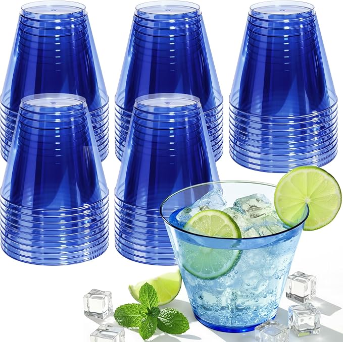 Glowserve 9 OZ Royal Blue Disposable Plastic Cups Cocktail Cup 150 Pack | Fancy Cocktail Cup,Stemless Wine Glass,Wedding Wine Glasses,Graduation Birthday,World Cup,Party Essentials
