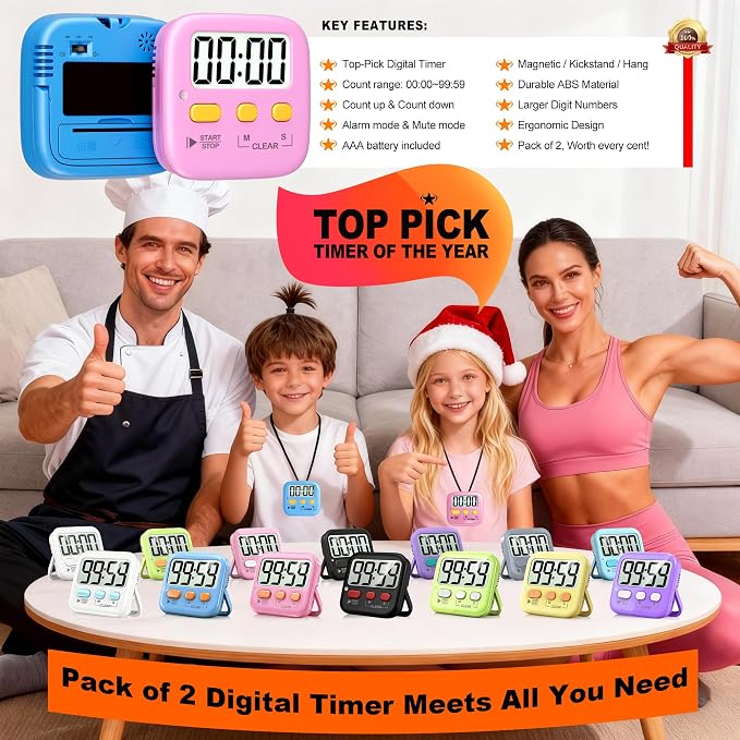 2 Pack Digital Timer for Kids Classroom Kitchen Timers for Cooking | w/ Battery, Easy to View, Alarm, Mute Mode, Count Down/Up, Magnetic, Kickstand, Hanging, Classroom Timer for Teacher Supplies