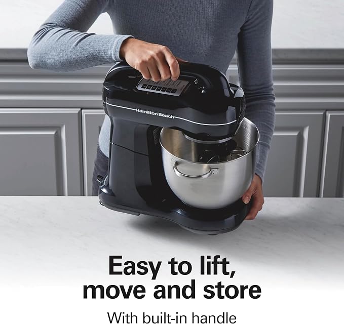 Hamilton Beach 4 Qt Electric Stand Mixer With 7 Speeds, Easy-Carry Handle | Planetary Mixing For Full Bowl Coverage | Splash Guard | 300 Watts | Whisk, Flat Beater, Dough Hook | Mixing Guide | Black