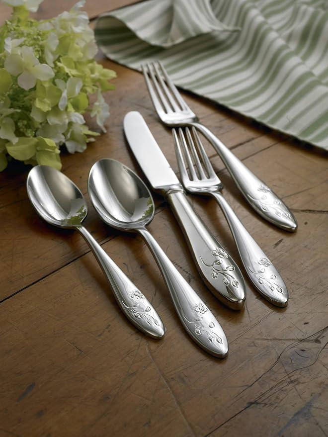 Lenox Butterfly Meadow 65-Piece 18/10 Silverware Set for 12, Flatware | silver, dishwasher safe | includes serving spoons and utensil set | heavy duty, cutlery set for kitchen and dining