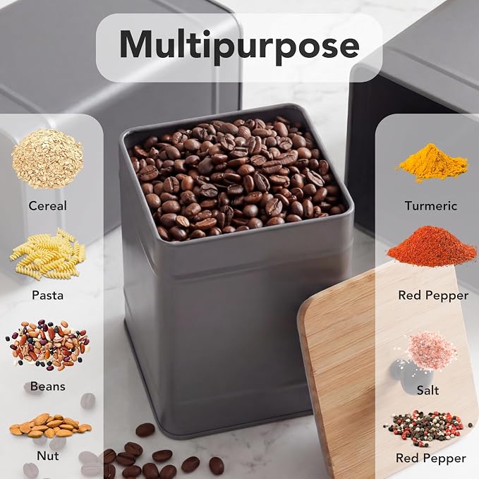 PERFNIQUE Kitchen Canisters, Airtight Canister Sets for Kitchen Counter, Kitchen Canisters for Countertop Set of 4, Coffee Tea Sugar Flour Spice Tin Jars Food Storage Container with Lid(Grey)