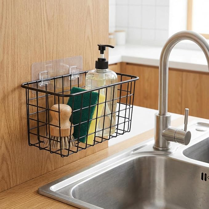 2 Set Adhesive Hanging Wall Basket Inside Cabinet Door Organizer,Wall Storage Basket-No Drilling Adhesive wall Basket for Cupboard Door,Space-Saving Small Hanging Baskets for Wall Mount Storage,Black