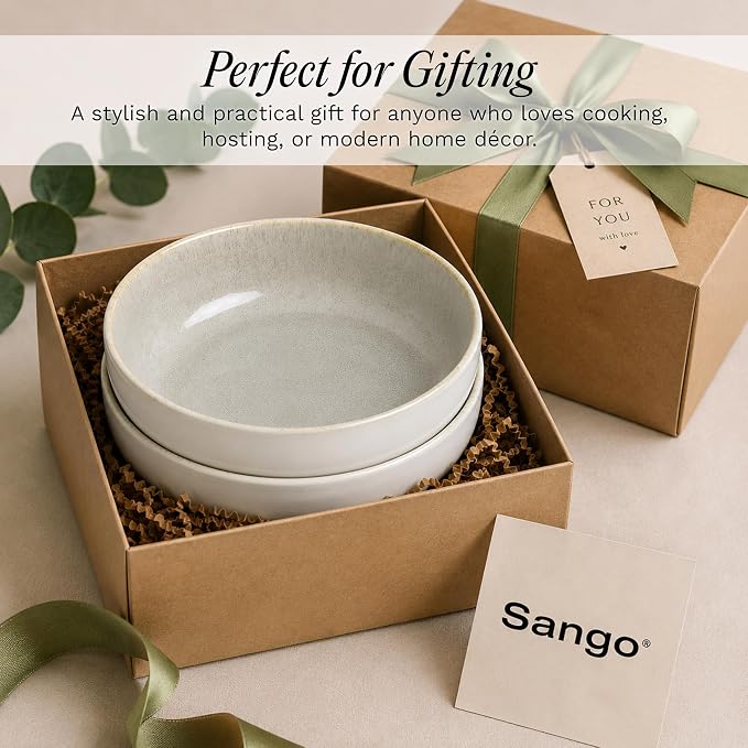 SANGO Resona Moss Large Serving Bowl (Set of 2), 64.25 oz, 10" Stoneware Bowls for Pasta, Salad & Dinner, Big Ceramic Bowls for Entertaining with Glossy Reactive Glaze, Dishwasher & Microwave Safe