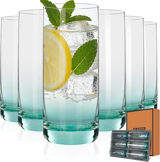 Green Highball Glasses Set of 6, Drinking Glass for Mixed Drink | 13oz ,Cups for Cocktail, Beer, Mojito, Water and Juice,Thick Tall Glassware for Kitchen, Restaurant, Home Bar and Parties
