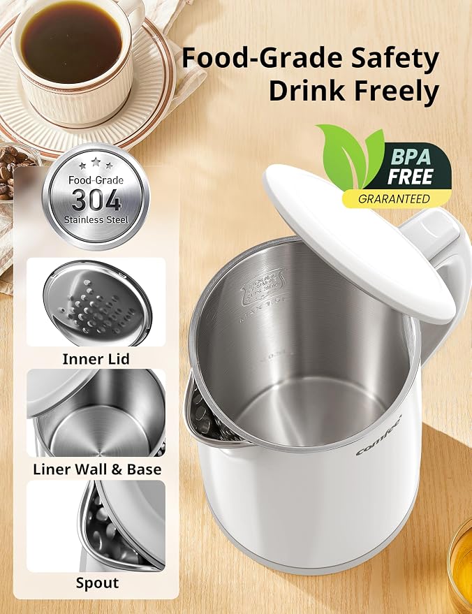 COMFEE' Stainless Steel Double Wall Electric Kettle 1.5L, White