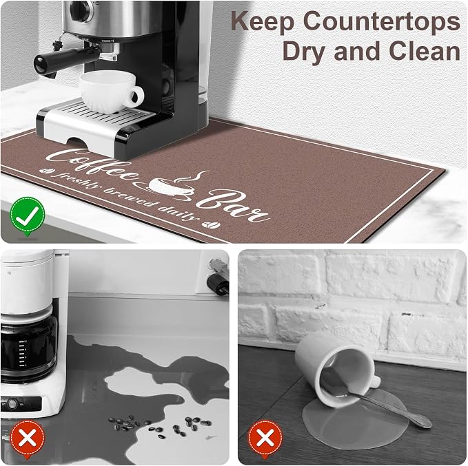 CooRug Fashion Coffee Mat, Dish Drying Mat 12" x 20" Brown | Hide Stain, Absorbent, Coffee Bar Accessories, Heat Resistant, Non-slip, Eco-friendly, Easy to Clean