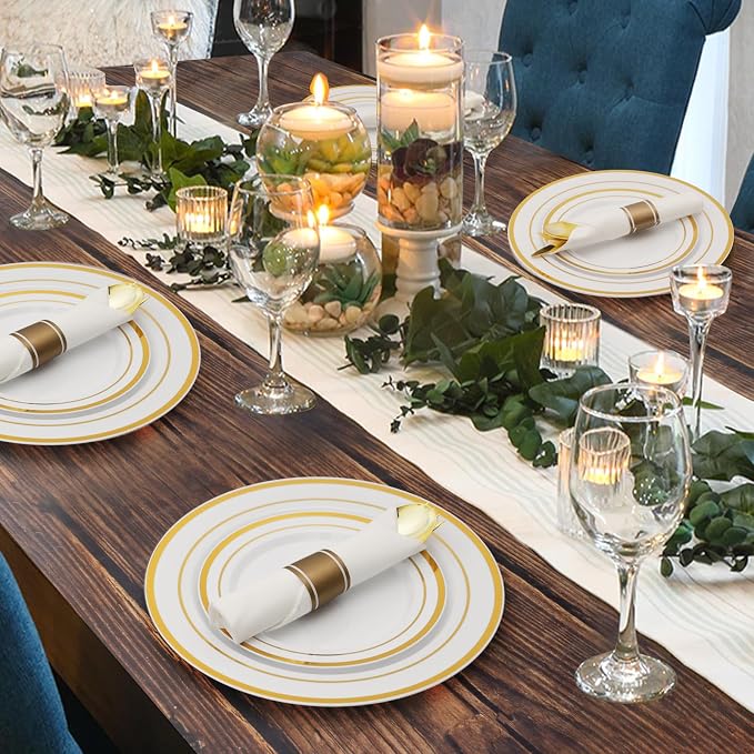 700 Piece Gold Plastic Dinnerware Set for 100 Guests | Disposable Dinnerware Includes: 100 Dinner Plates, 100 Dessert Plates, 100 Pre Rolled Napkins with Silverware, 100 Cups