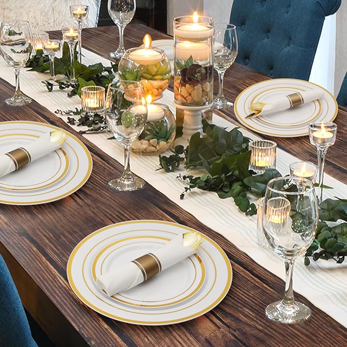 175 Piece Gold Plastic Dinnerware Set for 25 Guests | Disposable Dinnerware Includes: 25 Dinner Plates, 25 Dessert Plates, 25 Pre Rolled Napkins with Gold Silverware, 25 Cups