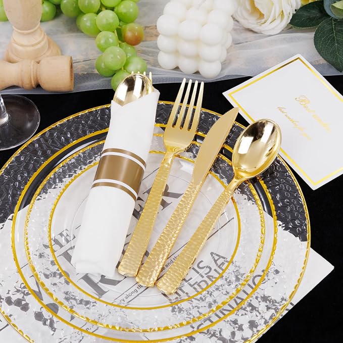 400PCS Gold Wrapped Silverware Set Disposable Hammered for Weddings | Pre-Rolled and Individually Wrapped, 100 Guests, Durable and Sturdy, BPA free, Includes Matching Napkins, for Upscale Dinners