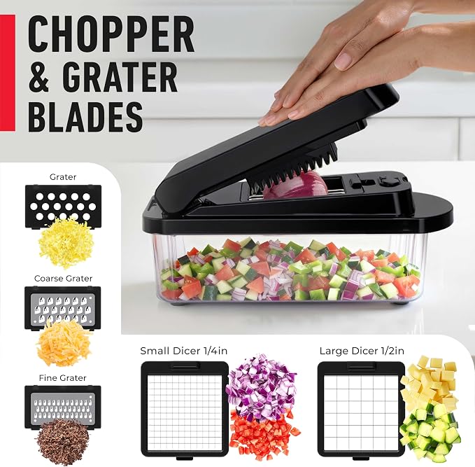 MUELLER HOME Pro-Series 10-in-1, 8 Vegetable Chopper & Mandoline Slicer | Food-Prep Tool, Fruit Cutter, Dicer, Veggie Chopper with Container, Kitchen Essentials, House Warming Gifts New Home, Black