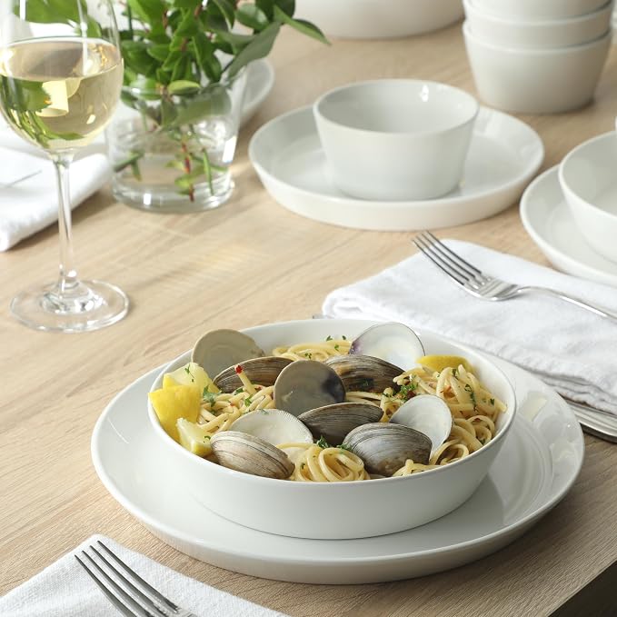 Martha Stewart Selma Plates and Bowls Sets, 30-Piece Porcelain Dinnerware Set for 6, White Dish Set with Dinner Plates, Dessert Plates, Pasta Bowls, Cereal & Fruit Bowls