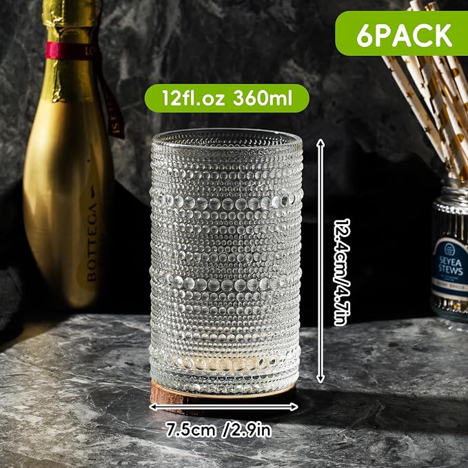Moretoes Vintage Glassware, 12 Oz Hobnail Drinking Glasses Set of 6 | Clear Embossed Boho Water Glass Cups Kitchen Bar Tumbler for Whiskey, Beer, Juice, Milk and Various Mixed Drinks