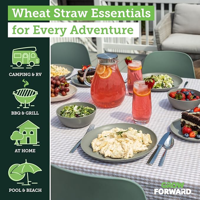 Grow Forward 24-piece Premium Wheat Straw Dinnerware Sets for 8 - Dinner Plates, Dessert Plates, Cereal Bowls - Unbreakable Microwave Safe Plastic Plates and Bowls Sets, RV, Kitchen Dishes - Feather