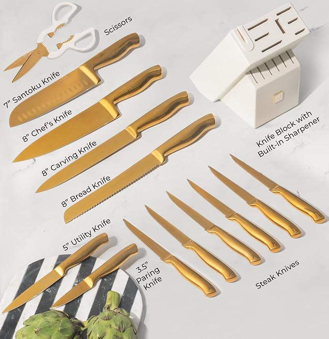 Styled Settings Gold Knife Set with Block and Sharpener, 14-Piece | Full Tang Titanium-Coated Stainless Steel Gold Knives and White Knife Block with Built-In Sharpener, Gold Kitchen Accessories