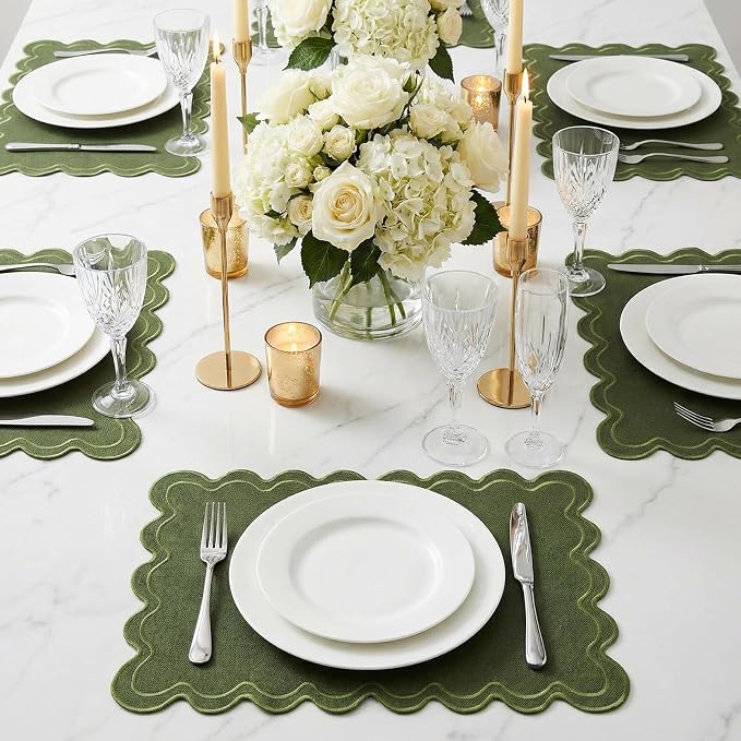 Linen Placemats Set of 12 Scalloped Placemat 13 X19 Wavy Embroidery Double Layered Washable Farmhouse Dinner Fabric Table Mat Napkin for Wedding Party Restaurant (Regular,Moss Green)