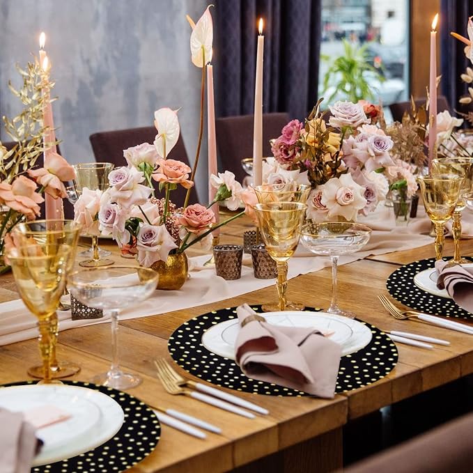 50 Pcs 14 Inch Black and Gold Foil Paper Place Mats Golden Polka Dots Round Placemats Disposable Decorative Table Mats for Wedding Banquet Party Home Dining Table Decor