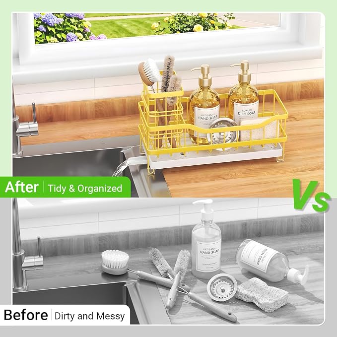 Sink Caddy, Sponge Holder for Kitchen Sink, Yellow | Self-draining Sink Organizer with Removable Brush Holder, Metal Sponge Rack for Countertop, Fits Soap Dispenser & Scrubber