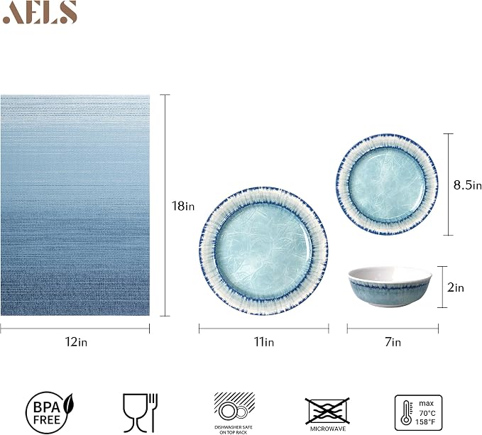 Melamine Dinnerware Set of 12 Pcs Dinner Dishes Set with 4 Placemats for Indoor and Outdoor Use, Dishwasher Safe, Lightweight Unbreakable, BPA Free, Light Blue