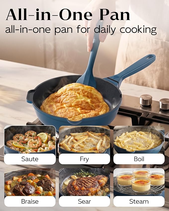 FDN 8" Ceramic Non Stick Frying Pans With Lid, Titanium Pans for Cooking, Non-Toxic PFAS-Free, Induction & Oven-Safe Cookware, Blue For Daily Cooking
