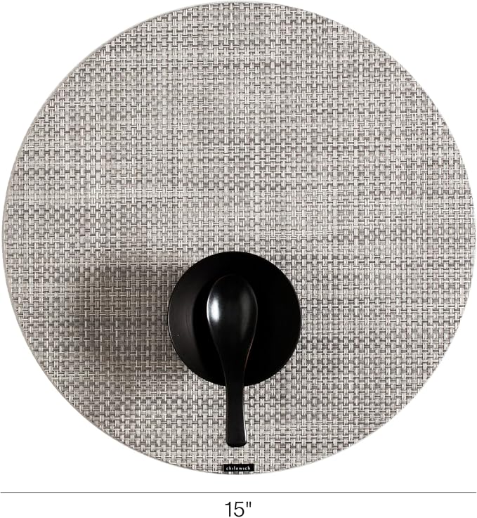Chilewich Basketweave Placemats, Woven Round Placemats Set of 4 | Reusable, Stain-Resistant, Indoor/Outdoor Tabletop Protection, White/Silver, 15"