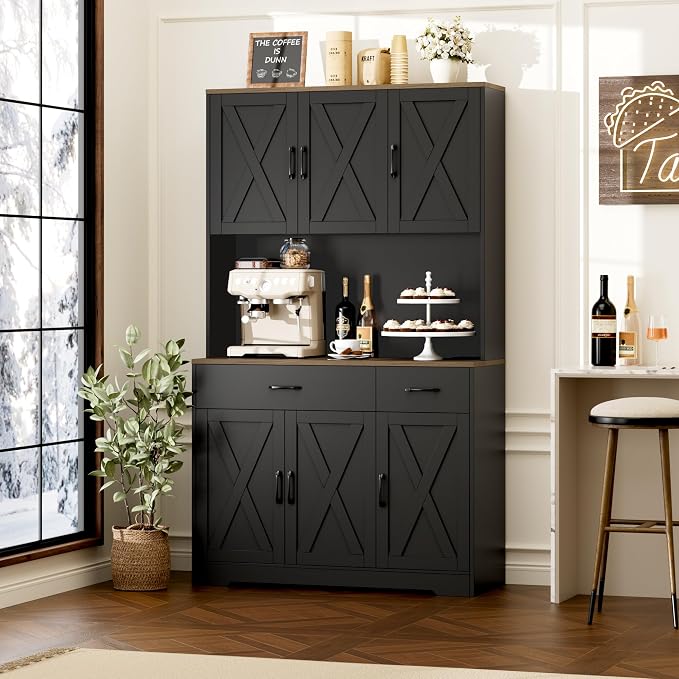 HOSTACK 71"H Kitchen Pantry Storage Cabinet, Farmhouse Hutch Cabinet, Black | Space-Saving Pantry Cabinet with Charging Station & 2 Large Drawers & Adjustable Shelves, Tall Kitchen Hutch, Dining Room