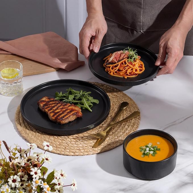 E-far 12-Piece Plates and Bowls Sets, Stoneware Dinnerware Dishes Sets for 4, Kitchen Modern Dining Dishware, Chip & Scratch Resistant, Microwave & Dishwasher Safe, Matte Black