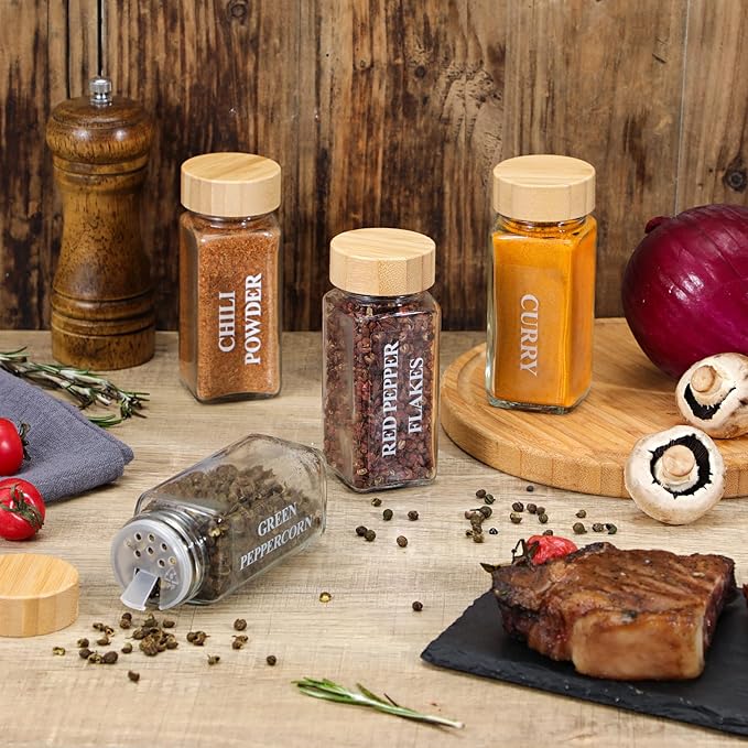 NETANY 36 Pcs Glass Spice Jars with Bamboo Lids, 4 oz Glass Jars with Minimalist Farmhouse Spice Labels Stickers, Collapsible Funnel, Seasoning Storage Bottles for Spice Rack, Cabinet, Drawer