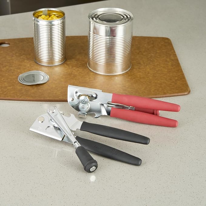 Restaurantware Stainless Steel Magnetic Manual Can Opener - German Standard Black Crank Can Opener with Magnet, Ergonomic Handle, Non-Slip - Heavy-Duty Hand Can Opener, Easy Turn, Sharp Blade