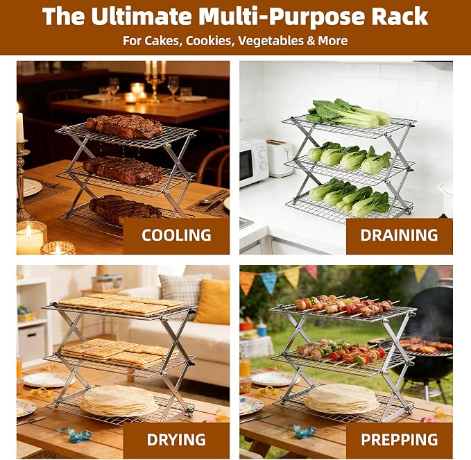 5 Tier Collapsible Cooling Rack Sourdough Cooling Rack 17"x10" | Cooling Racks for Cooking and Baking, Roasting, Grilling, Adjustable 6 Setting Design stackable, Oven & Dishwasher Safe