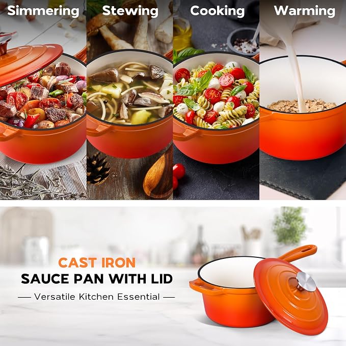 Onader Saucepan Set with Lid, 1QT & 2QT Small Enameled Cast Iron Pot Sets for Cooking, Nonstick Sauce Pan Dutch Oven, Induction Compatible, Heavy Duty – Sunset Orange