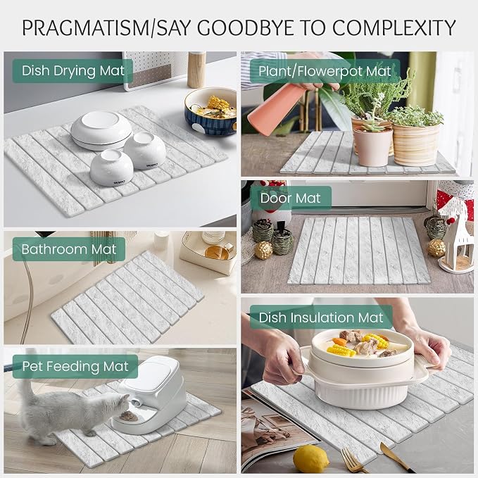 Stone Dish Drying Mat Collapsible Diatomaceous Earth Absorbent Mat Quick Dish Drying Pad Dish Rack Pad Match Any Counterto Multiple Usage for Kitchen,Bathroom (Light-Gray Frosted Pattern, 24"L x 16"W)