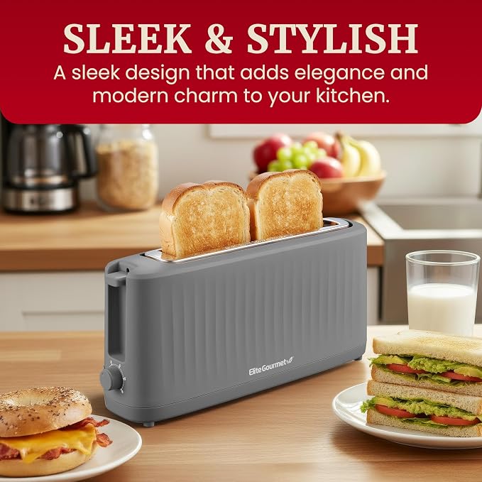 Elite Gourmet ECT2517G SLIMTOAST 2-Slice Long Slot Toaster, Grey | Cool-Touch Body, 6 Browning Shades, Extra-Wide 1.5" Slot Fits Artisan Bread, Bagels, Waffles & English Muffins