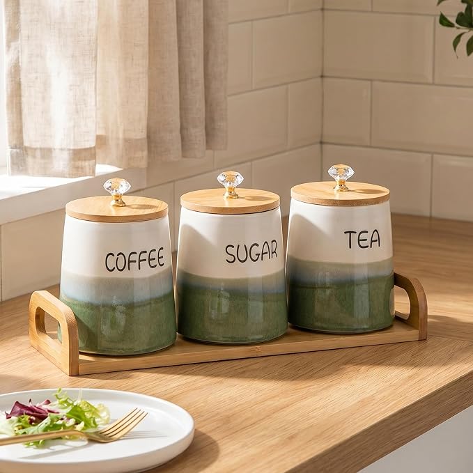 Kimdio Ceramic Canisters Set with Airtight Lids, 22 oz Coffee Canisters Sets for the Kitchen, Large Jars for Flour, Sugar, Pasta, Coffee, Cookies, Tea - Set of 3 - Green and White
