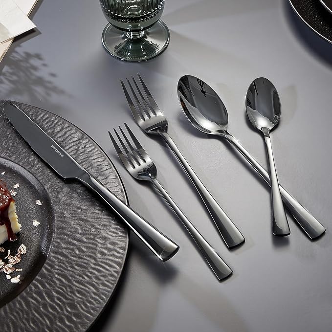 18/10 Flatware set for 8, 40 Piece Black Stainless Steel Silverware Set | KINGSTONE Forged Flatware Cutlery Set, Mirror Polished Knives Fork and Spoon Utensils, Dishwaher Safe for Home Wedding Party