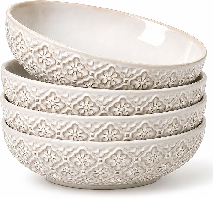 8 inch Pasta Bowls, 22 Oz Ceramic Serving Bowls Set of 4, Embossed Porcelain Salad Bowl, Serving Dishes for Pasta, Salad, Soup, Fruit, Housewarming Gift, Wedding Decor, Oven & Dishwasher Safe