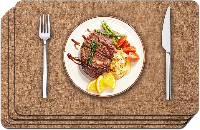 Maxpearl Faux Leather Placemats Set of 4, Easy to Clean, Brown | Waterproof - Heat Resistant - Non Slip - Wipe Clean Dining Table Place Mats, Suitable for Indoor & Outdoor Use, 17''×12''