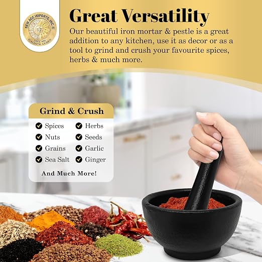 New Age Imports, Inc. Cast Iron Mortar & Pestle Set 3.5 Inch, Heavy Duty, Black
