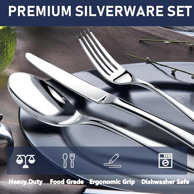 Heavy Duty Silverware Set for 6, Stainless Steel Flatware Cutlery Set | Heavy Duty Steak Knife Fork and Spoon, Dishwasher Safe, Gift Package for Wedding Housewarming