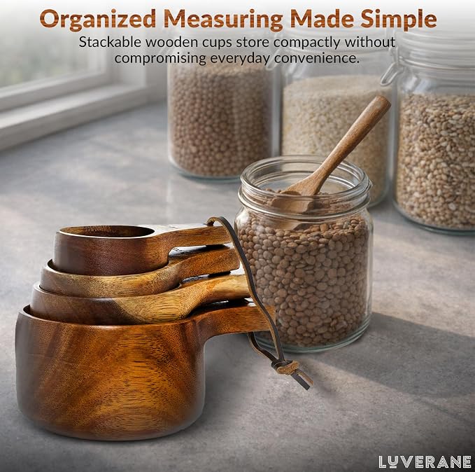 wooden measuring cups and spoons set - 8 Piece Solid Acacia Wood Stackable Kitchen Essentials for Precise Cooking, Baking & Food Prep - Engraved Measurements