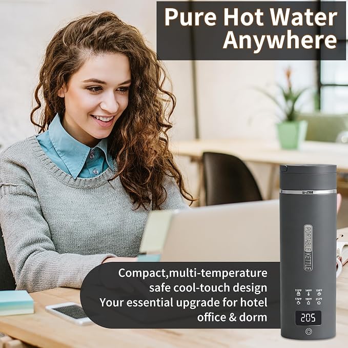 Travel Electric Kettle, LCD Display with 6 Temperature Settings, 304 Stainless Steel, 450ml/15.2oz, Auto Shut-Off and Boil-Dry Protection, Compact Portable Electric Kettle, Gray