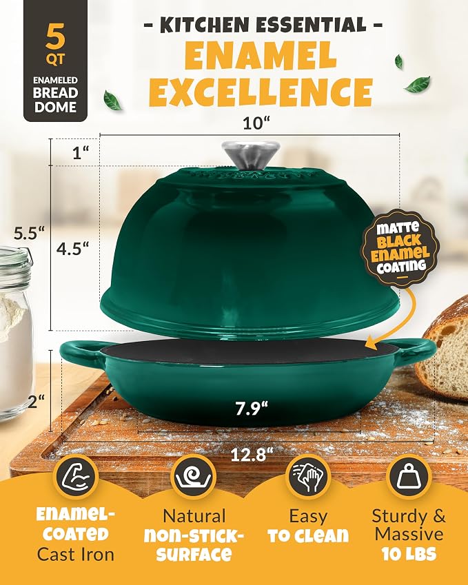 5 QT Enameled Dutch Oven for Bread Baking with Lid & Starter Kit | Dome Lid Traps Steam for Crisp Crust, Bread Proofing Basket, Scoring Tool, Dough Whisk, Bread Sling & Instructions Included